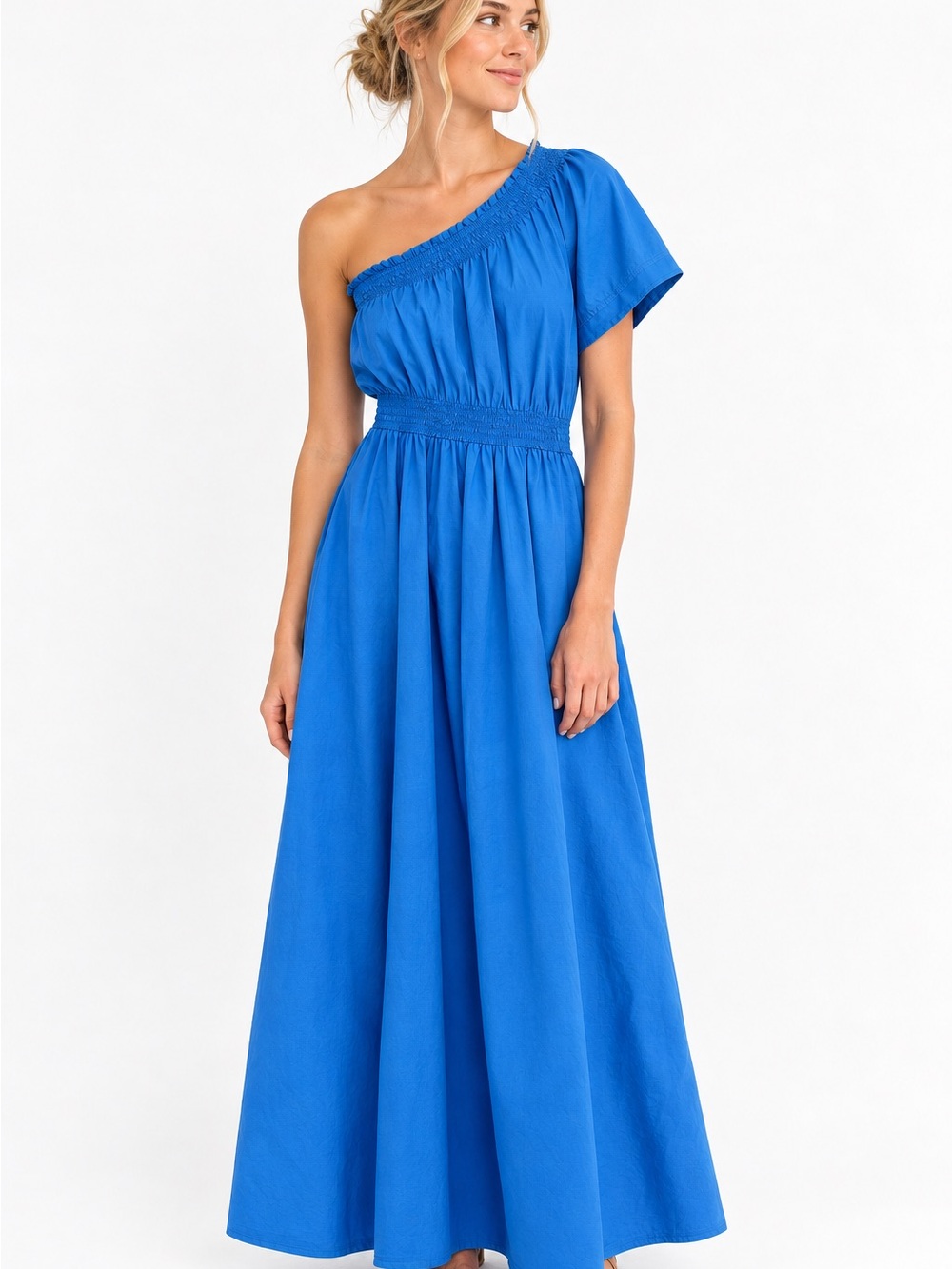 J.Crew Smocked One-Shoulder Cotton Poplin Midi Dress Sail Blue S Resortwear
